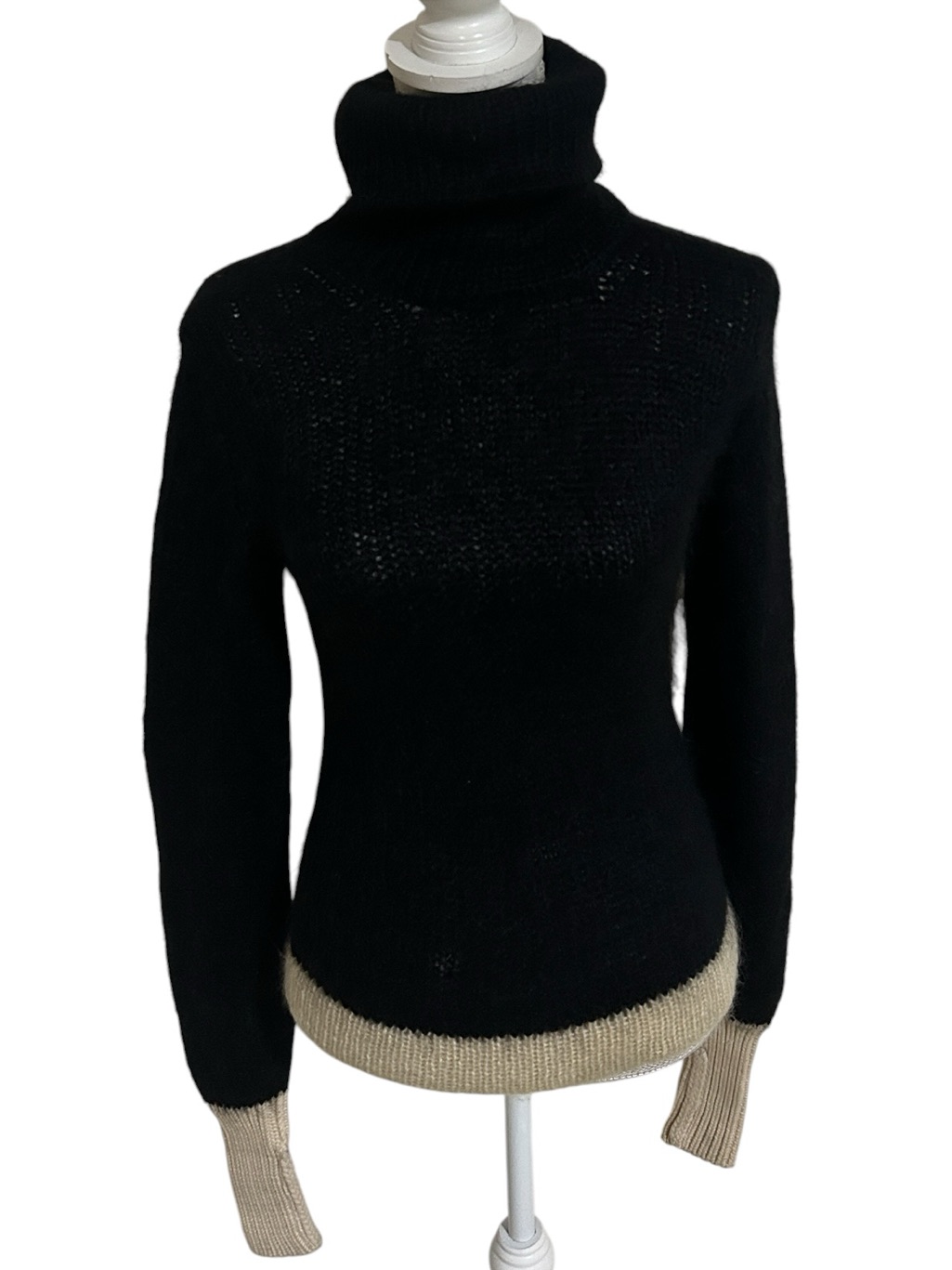 Prada Black Mohair Wool Blend Turtleneck Sweater Cream Hem & Cuffs Italy Eu 40